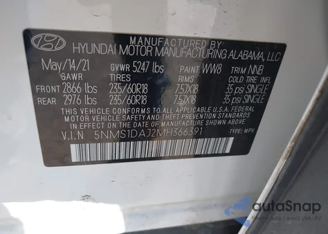 2021 Hyundai Santa Fe Se z USA, uszkodzony, nr VIN 5NMS1DAJ2MH366391